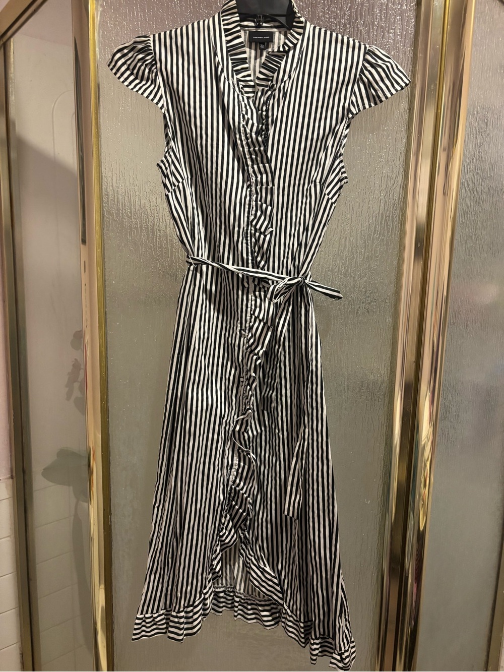 NWOT Who What Wear Blk & White Striped Ruffle Shirt Dress Size XS